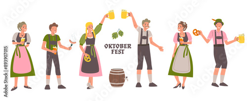 Oktoberfest illustration. Celebration with Traditional Bavarian Clothing. People holding beer, pretzels, and sausages. Men and women wearing the lederhosen and dirndl.