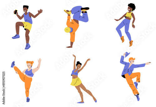 Happy dancing people. Colourful illustrations of diverse dancers performing various dance moves and poses. 