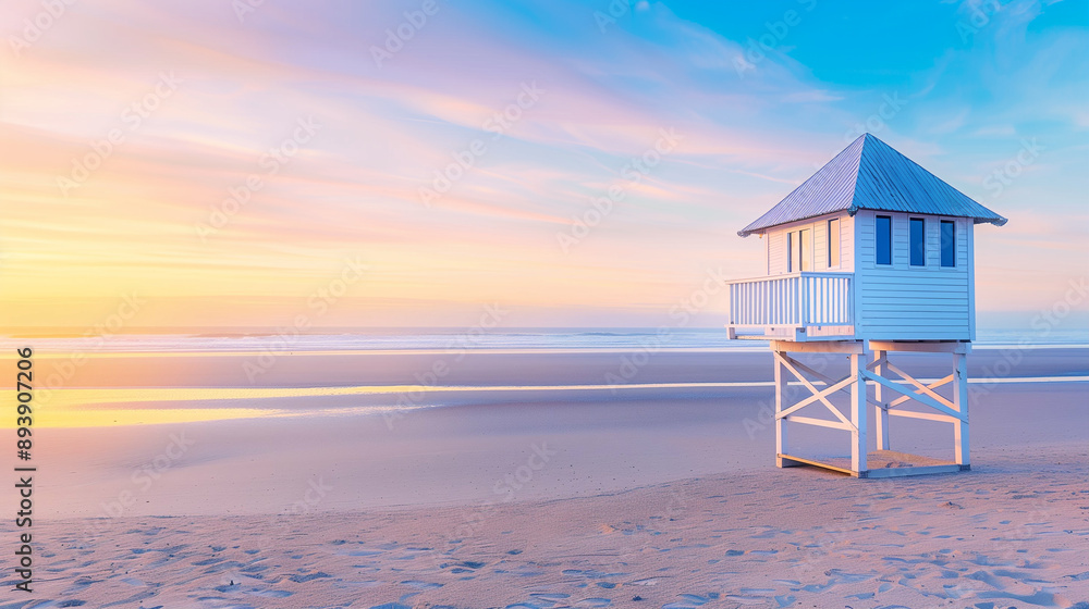 Beach house at sunset by the ocean. Tranquil scene with a beach hut overlooking the beautiful shoreline. Serene landscape capturing vibrant colors of the sunset Beach house at sunset by the ocean. Tranquil scene with a beach hut overlooking the beautiful shoreline. Serene landscape capturing vibrant colors of the sunset