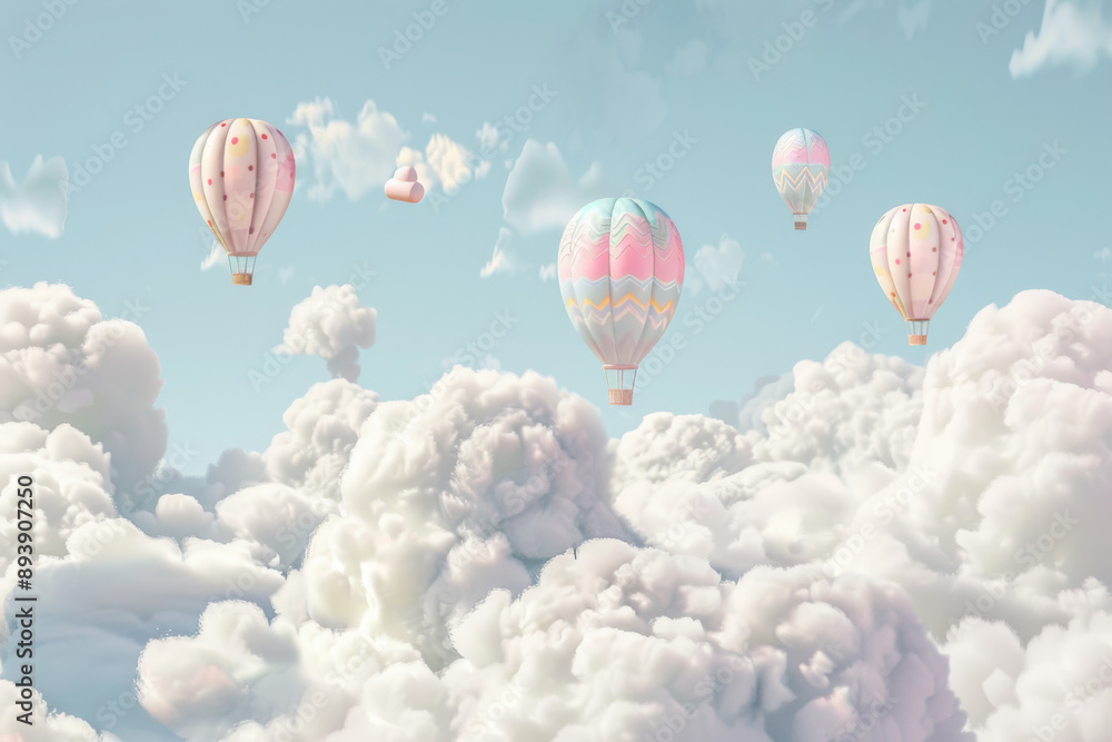 Fototapeta premium Whimsical hot air balloons float above fluffy clouds in a serene, pastel-colored sky, evoking a dreamy and peaceful atmosphere.