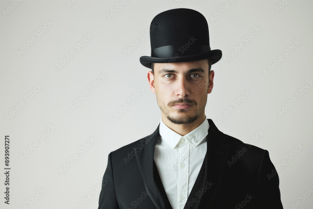 A man in a black suit and a bowler hat exudes sophistication with an intense gaze, set against a neutral backdrop. A man in a black suit and a bowler hat exudes sophistication with an intense gaze, set against a neutral backdrop.
