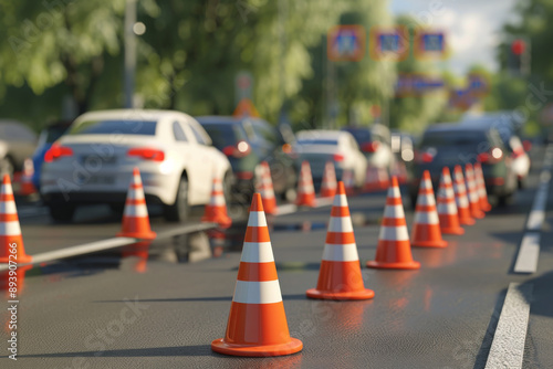 Wallpaper Mural Traffic cones line a busy road, managing vehicle flow amid a green, suburban backdrop under bright daylight. Torontodigital.ca