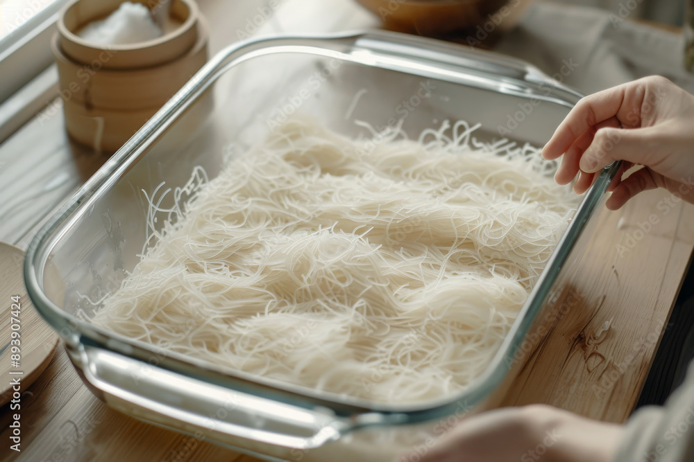 A glass baking dish filled with uncooked white noodles, carefully prepared, ready for cooking on a kitchen counter. A glass baking dish filled with uncooked white noodles, carefully prepared, ready for cooking on a kitchen counter.