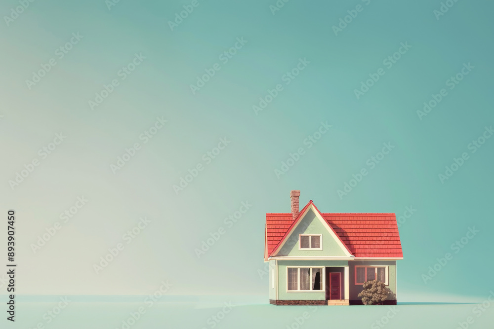 Minimalist depiction of a small house with a red roof and a lush yard under a vast clear blue sky, evoking feelings of tranquility and solitude. Minimalist depiction of a small house with a red roof and a lush yard under a vast clear blue sky, evoking feelings of tranquility and solitude.