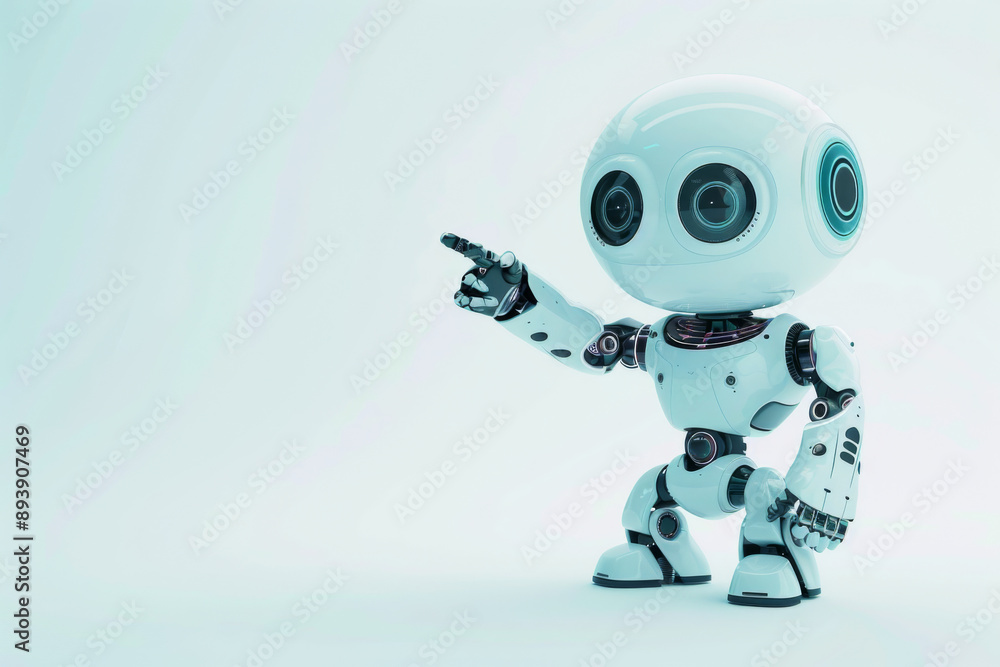A small, white robot points forward, standing on a light-colored surface with a futuristic appearance. A small, white robot points forward, standing on a light-colored surface with a futuristic appearance.