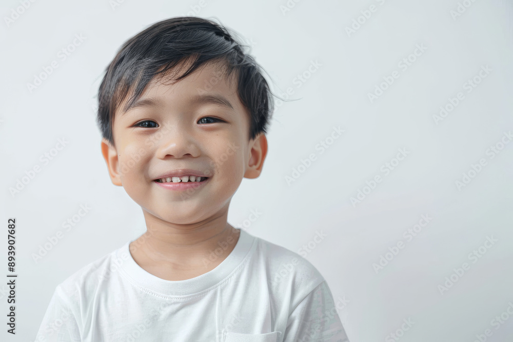 A smiling young boy in a plain white t-shirt stands against a minimalistic white background, radiating innocence and pure happiness. A smiling young boy in a plain white t-shirt stands against a minimalistic white background, radiating innocence and pure happiness.