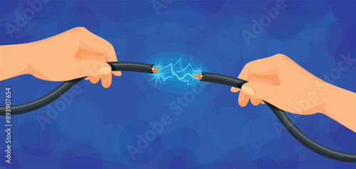 Hand holding electrical cable. Electrical wire connection in electrician hands, electricity power accident danger electric cables connect lightning voltage neat vector illustration