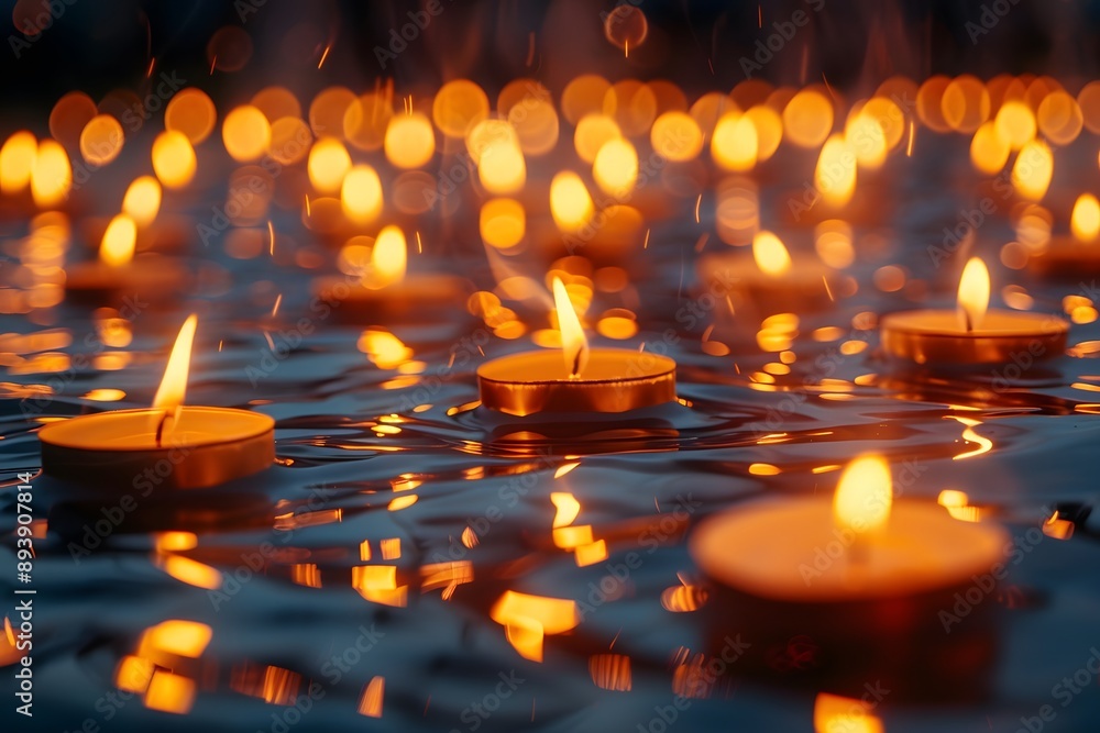 Tranquil Floating Candles Illuminating a Serene Water Surface Tranquil Floating Candles Illuminating a Serene Water Surface