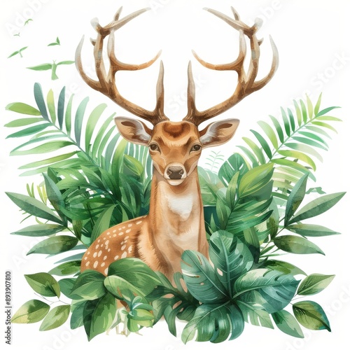 In natural habitat, a deer stands in a forest surrounded by trees. Digital art in watercolor style. Illustration for covers, cards, decor, etc. © Avve Diana