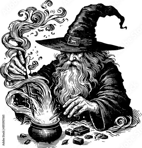 Wizard Making Potion In Cauldron