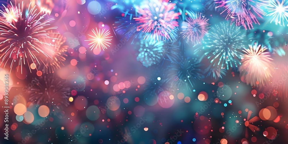 Obraz premium A vibrant and colorful background featuring fireworks and bokeh effects, perfect for celebrations and festive occasions. 