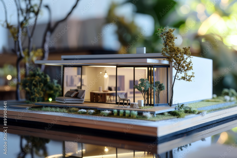 A detailed model of a modern house, complete with miniatures of trees and furniture, showcasing architectural brilliance. A detailed model of a modern house, complete with miniatures of trees and furniture, showcasing architectural brilliance.