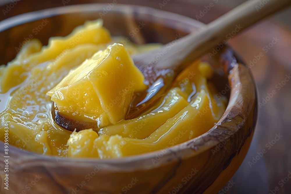 Creamy Golden Ghee in a Wooden Bowl with a Spoon Creamy Golden Ghee in a Wooden Bowl with a Spoon