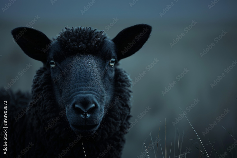 A black sheep stands calmly amidst a dark, moody landscape at twilight, evoking a sense of solitude and quiet strength. A black sheep stands calmly amidst a dark, moody landscape at twilight, evoking a sense of solitude and quiet strength.