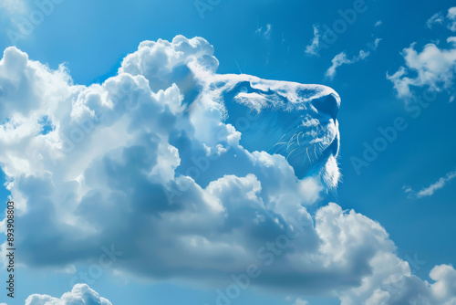 A majestic lion head formed from fluffy clouds set against a deep blue sky, blending the essence of power and serenity in a fantastical vision. photo