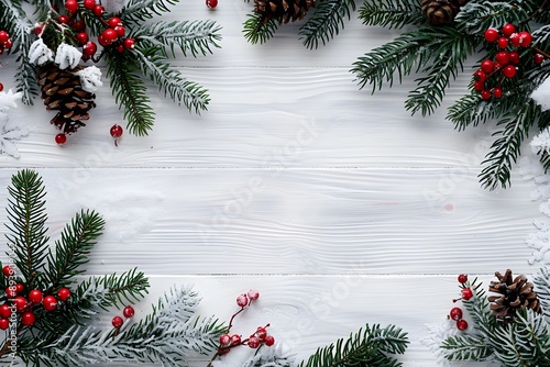 A festive arrangement of pine branches, red berries, and pine cones on a snowy wooden background creates a cheerful holiday atmosphere.  photo