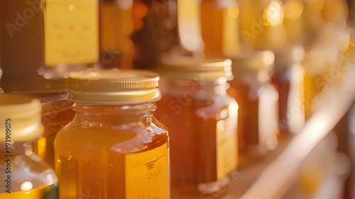 A selection of smallbatch honey jars each labeled with the name of the beekeeper and their farm. photo