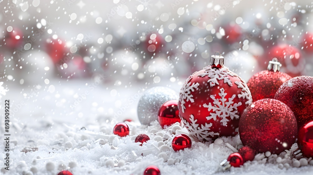 A festive arrangement of red and silver Christmas ornaments surrounded by a snowy backdrop creates a magical holiday atmosphere. A festive arrangement of red and silver Christmas ornaments surrounded by a snowy backdrop creates a magical holiday atmosphere.