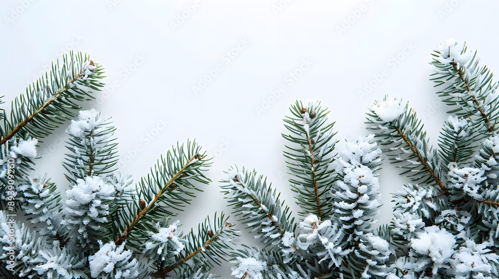 A close-up view of frosted evergreen pine branches against a clean white background, perfect for winter and holiday themes. A close-up view of frosted evergreen pine branches against a clean white background, perfect for winter and holiday themes.