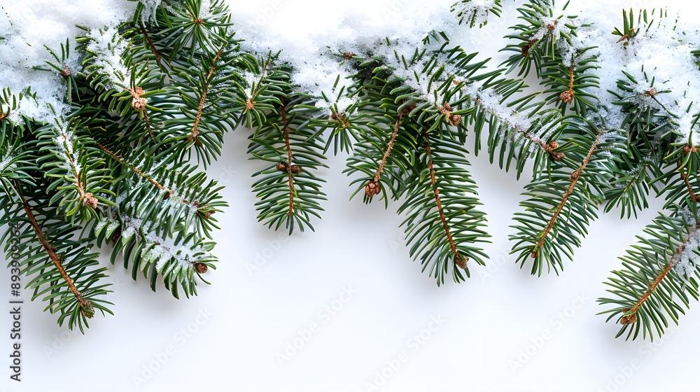 A close-up view of fresh evergreen branches adorned with a light dusting of snow, ideal for winter-themed projects. A close-up view of fresh evergreen branches adorned with a light dusting of snow, ideal for winter-themed projects.