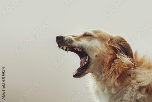 A dog, mid-yawn, displays its teeth against a plain background, capturing a moment of candid relaxation and showcasing its natural features. photo