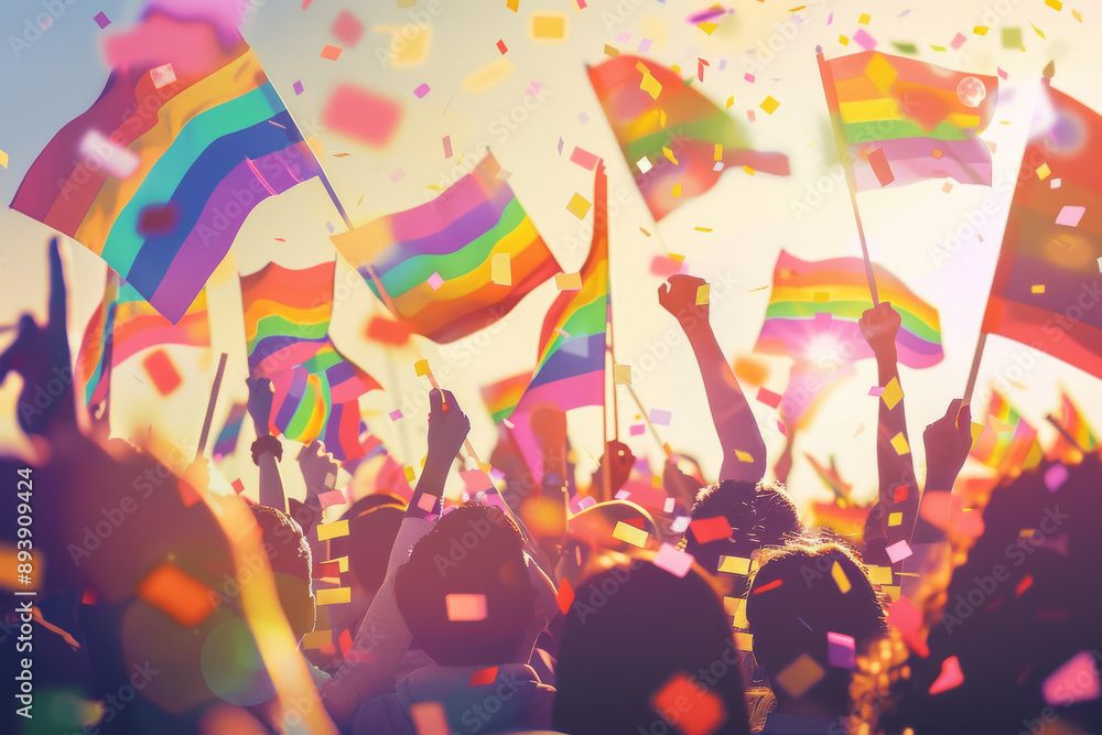 A jubilant crowd waves rainbow flags amidst colorful confetti, celebrating love, diversity, and unity under a bright sky. A jubilant crowd waves rainbow flags amidst colorful confetti, celebrating love, diversity, and unity under a bright sky.