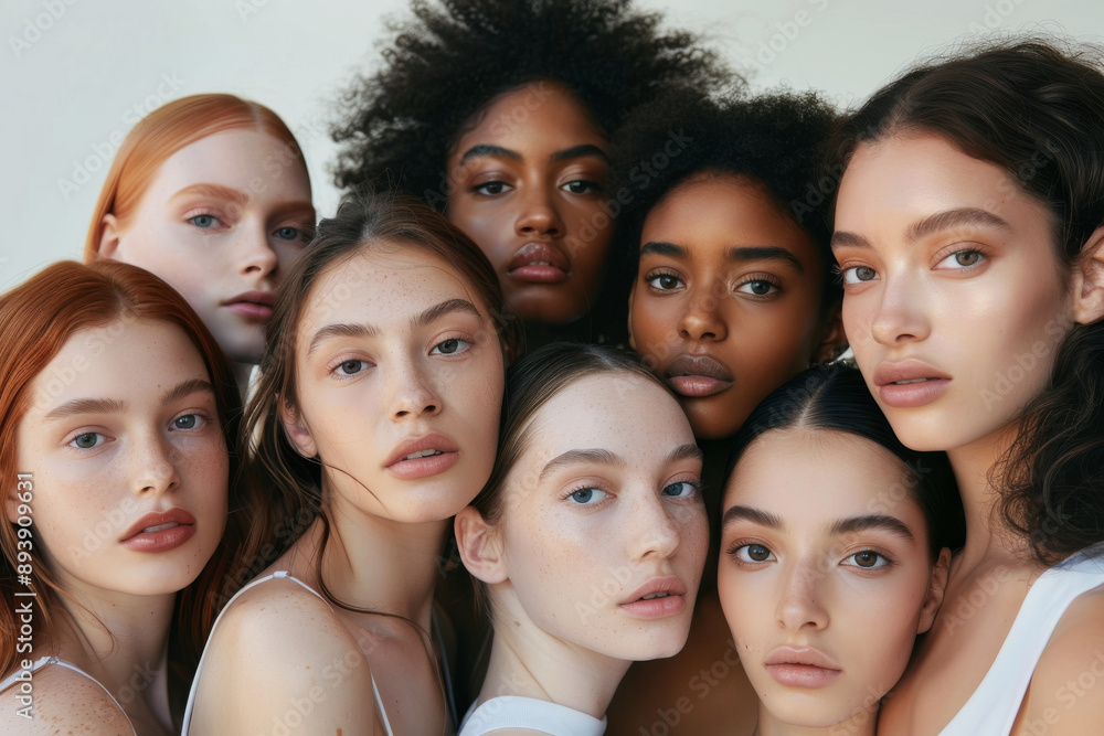 Fototapeta premium Group of women gathered closely, embodying diverse beauty, unity, and collective strength in a bright setting.