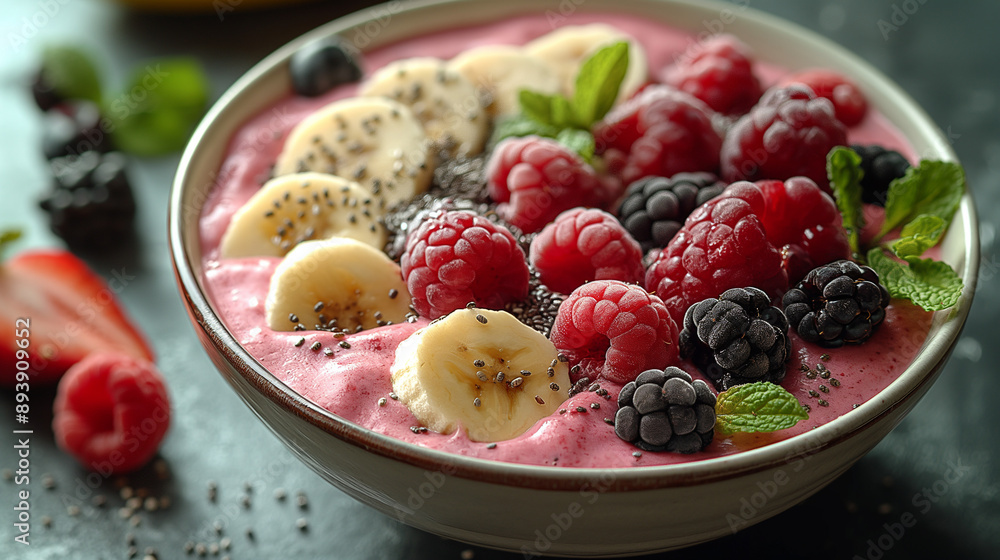 Smoothie bowl with fresh berries and banana slices. Smoothie bowl with fresh berries and banana slices.