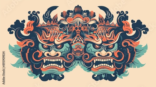 An intricate art piece featuring two symmetrical, expressive faces surrounded by complex patterns. The vibrant colors and details create a striking, ancient-inspired artwork. photo