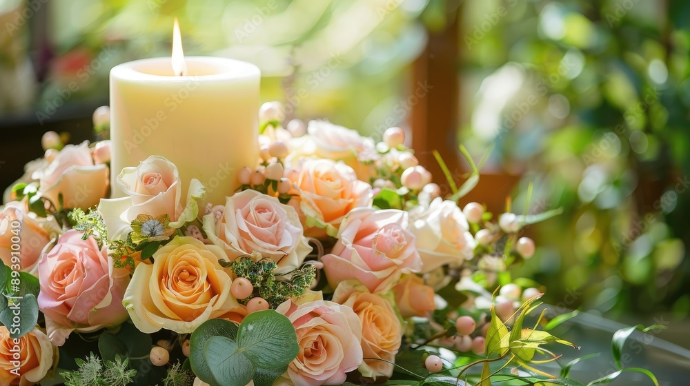 Aesthetic Sympathy Arrangement with Candle and Roses for Memorial Occasions Aesthetic Sympathy Arrangement with Candle and Roses for Memorial Occasions