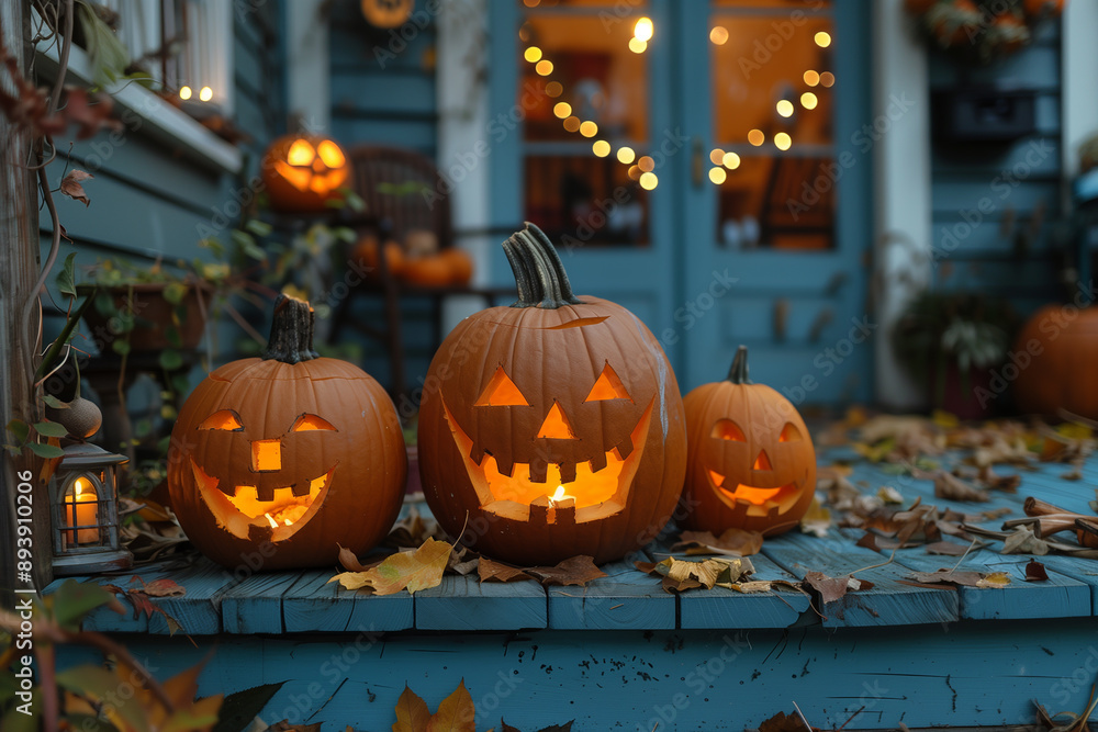 Halloween preparations. Carving jack-o-lanterns on a porch Halloween preparations. Carving jack-o-lanterns on a porch