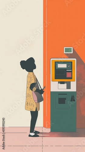 Woman stands in front of orange ATM machine, wearing yellow dress and holding pink purse. She may be on the go or has just completed a transaction at the operational machine against gray wall. photo