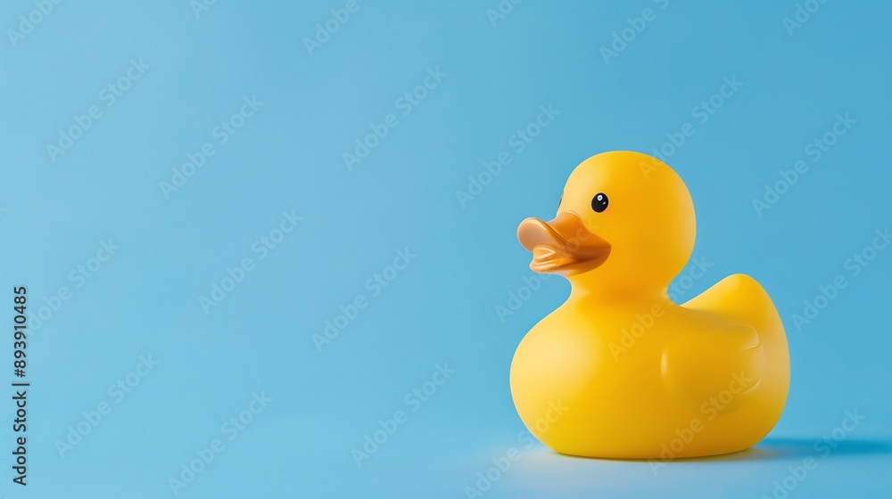 Cute yellow rubber duck on a blue background. The duck is facing the left of the frame and is looking at the camera. Cute yellow rubber duck on a blue background. The duck is facing the left of the frame and is looking at the camera.