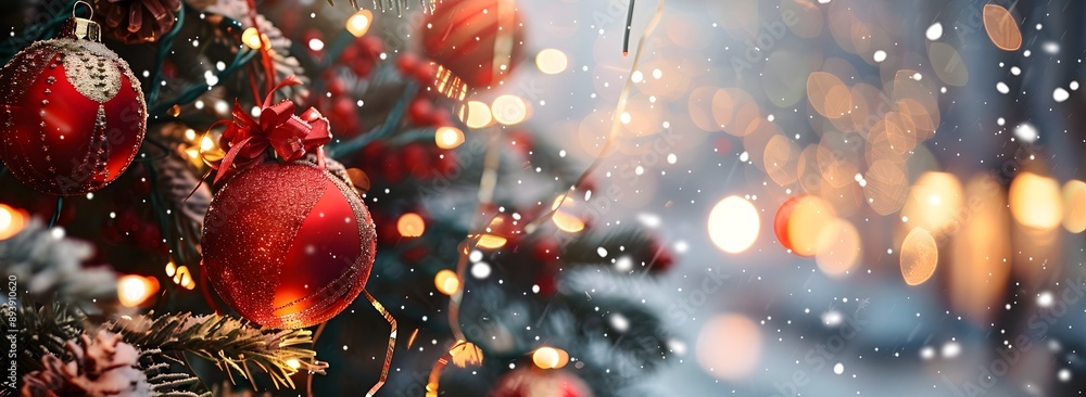 A beautifully decorated Christmas tree adorned with vibrant red ornaments, sparkling lights, and gentle snowfall creates a warm and festive atmosphere. A beautifully decorated Christmas tree adorned with vibrant red ornaments, sparkling lights, and gentle snowfall creates a warm and festive atmosphere.