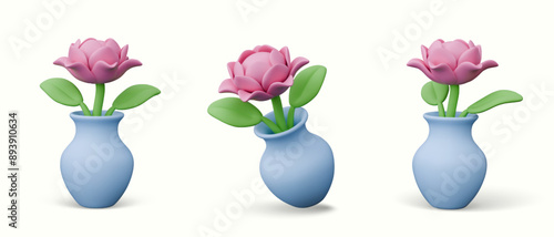 Blue clay vase with large flower. Fresh pink peony in jug. Set of vector models