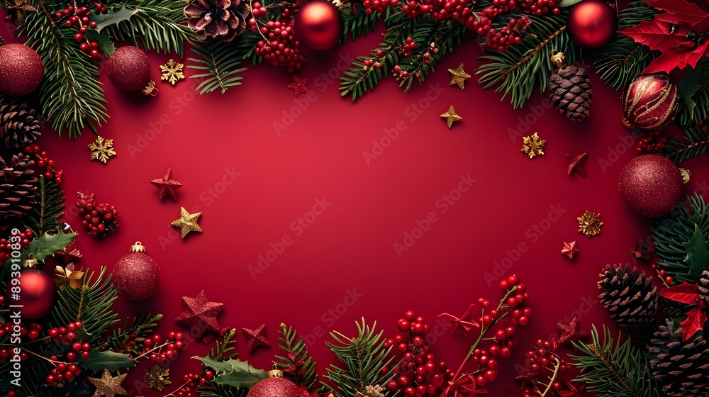 A festive arrangement of pine branches, ornaments, and holly leaves creates a vibrant Christmas-themed backdrop on a rich red surface. A festive arrangement of pine branches, ornaments, and holly leaves creates a vibrant Christmas-themed backdrop on a rich red surface.