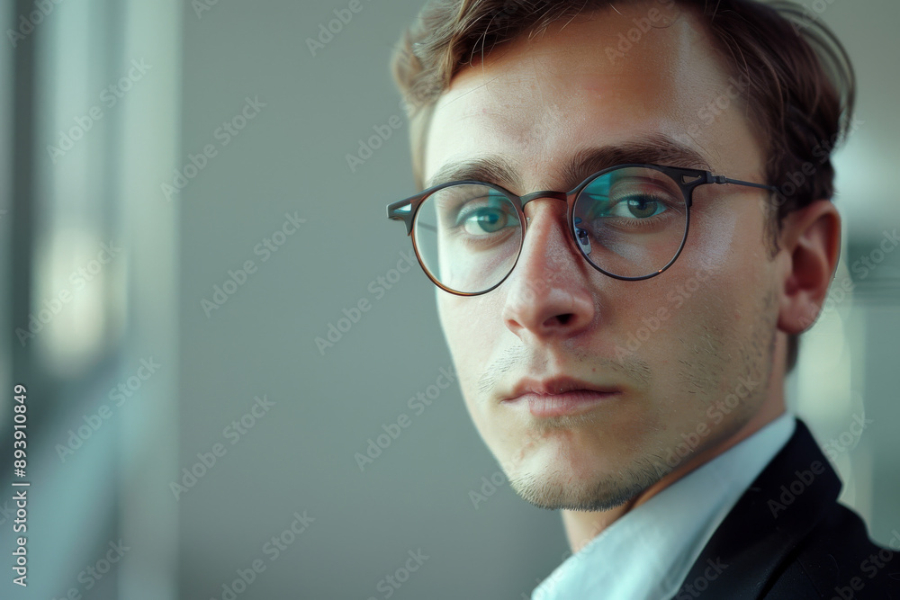 A confident young man with glasses stares intently ahead, barely smiling, against a bright and slightly blurred background. A confident young man with glasses stares intently ahead, barely smiling, against a bright and slightly blurred background.