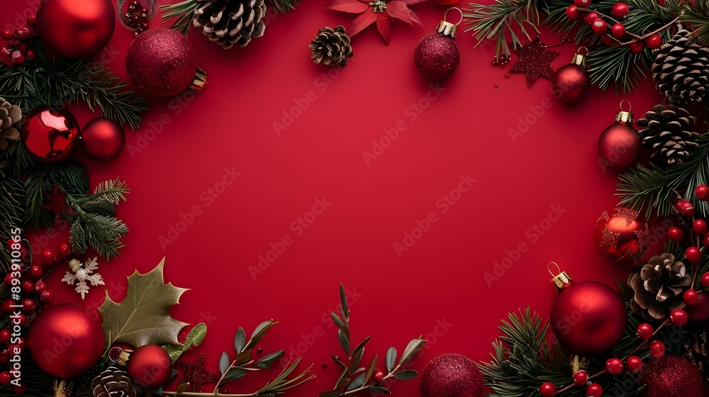 A festive holiday arrangement featuring red ornaments, pinecones, and greenery on a vibrant red background, perfect for Christmas-themed designs. A festive holiday arrangement featuring red ornaments, pinecones, and greenery on a vibrant red background, perfect for Christmas-themed designs.