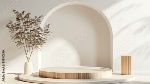 3D rendering of a podium with a natural theme. The podium is made of wood and has a circular shape.