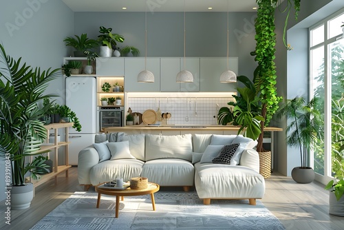 Cozy Modern Living Room with Lush Greenery and Open Kitchen Design