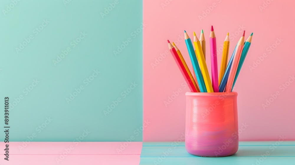 Fototapeta premium Vibrant Colored Pencils in a Stylish Pot Against a Pastel Background