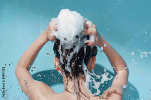 A close-up shot of a person thoroughly shampooing their hair, with rich, foamy bubbles and water droplets highlighting the cleansing process.
