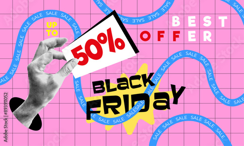 Black Friday Halftone hand on the  pink background, collage trend, flyer, poster, card, vector