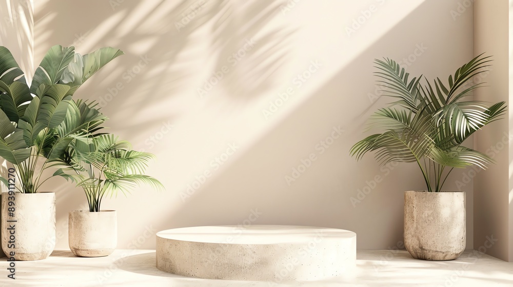 3D rendering of a concrete podium with potted plants on each side. The podium is set against a beige wall with a subtle shadow pattern. 3D rendering of a concrete podium with potted plants on each side. The podium is set against a beige wall with a subtle shadow pattern.
