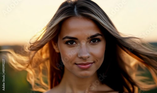Portrait of a beautiful young woman with long wavy hair.