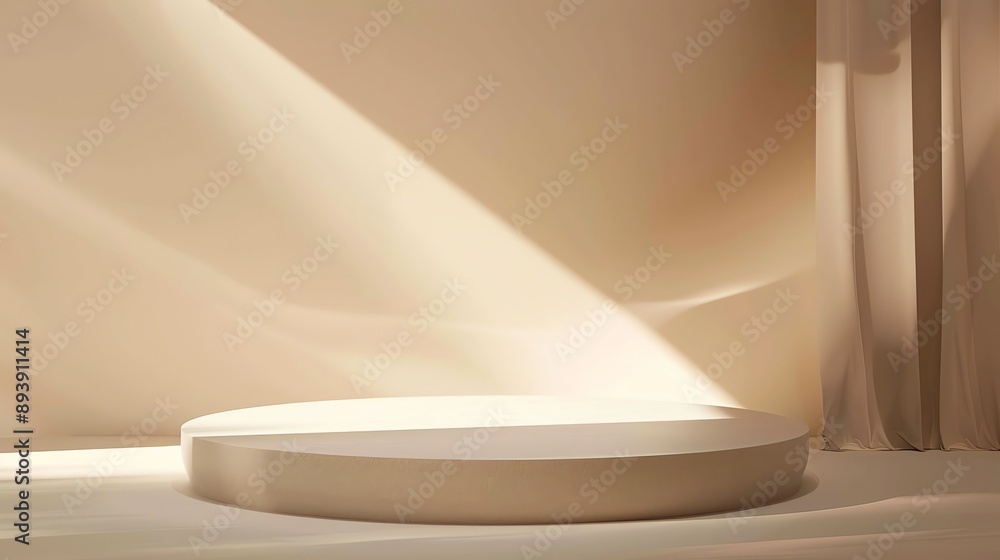 3D rendering of a beige podium with a spotlight. The podium is located in a beige room with a curtain in the background. 3D rendering of a beige podium with a spotlight. The podium is located in a beige room with a curtain in the background.