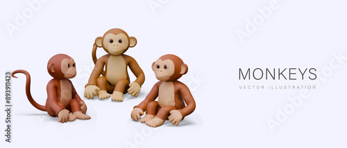 Vector group of monkeys in realistic style. Wild animals, primates