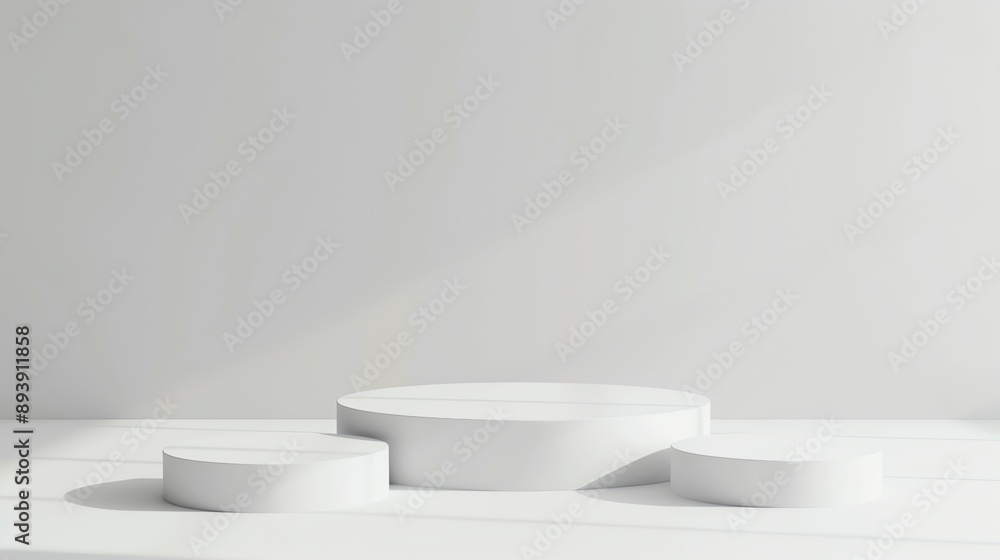 3D rendering of a white podium with a spotlight. The podium is made of three cylinders of different heights. 3D rendering of a white podium with a spotlight. The podium is made of three cylinders of different heights.