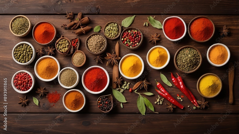 Spices and herbs on wooden spoons Spices and herbs on wooden spoons