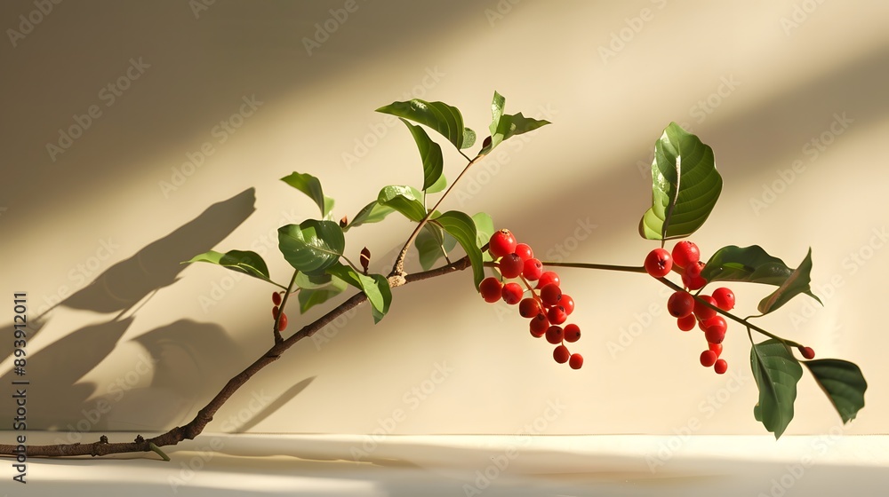 Fototapeta premium A elegantly arranged branch featuring vibrant red berries and lush green leaves, casting soft shadows against a neutral background.